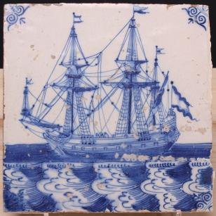 Dutch tile with three-master, 18th C.